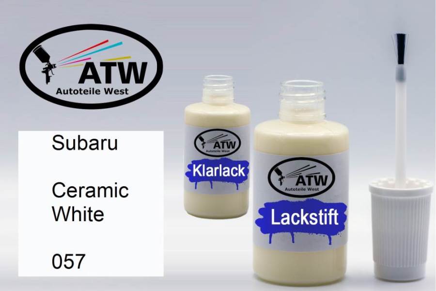 Subaru, Ceramic White, 057: 20ml Lackstift + 20ml Klarlack - Set, von ATW Autoteile West.